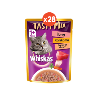 [ส่งฟรี ขายดี] WHISKAS Tasty Mix อาหารเปียกแมว ขนาด 70 กรัม แพค 28 ซอง (เลือกรสชาติได้)