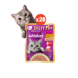 [ขายดี] WHISKAS Tasty Mix อาหารเปียกแมว ขนาด 70 กรัม แพค 28 ซอง (เลือกรสชาติได้)