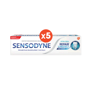SENSODYNE REPAIR & PROTECT 100G X 5 เซ็นโซดายน์ ยาสีฟัน สูตร รีแพร์ & โพรเทคท์ ช่วยฟื้นฟูและปกป้องบริเวณเสียวฟันได้ยาวนาน 100 กรัม แพ็ค 5