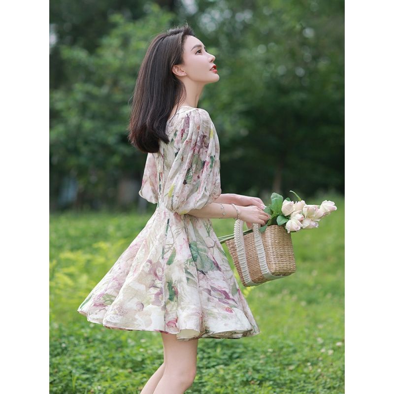 french-gorgeous-floral-v-neck-dress-summer-womens-2023-new-socialite-bubble-sleeve-waist-slim-unkempt-skirt
