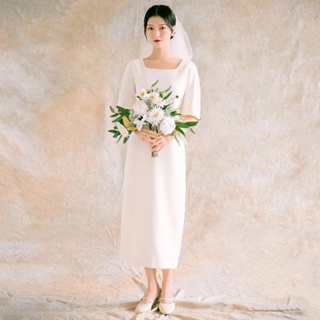 ชุดเดรส ผ้าซาติน สีขาว แบบเรียบง่าย สไตล์เกาหลีย้อนยุค สําหรับเจ้าสาว ff341