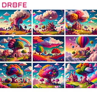 Drofe 【30*40 &amp; 40*50 ซม. พร้อมกรอบ】ภาพวาดตามตัวเลข ปราสาทแฟนตาซี ต้นไม้ใหญ่ เด็ก ผู้ใหญ่ คลายเครียด ภาพวาดตกแต่งบ้าน