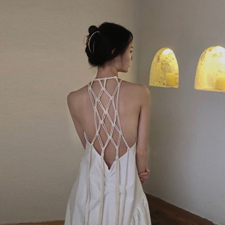 💕backless ชุดเดรสสีขาว สไตล์ฝรั่งเศส เดรสยาว ใส่เที่ยว ใส่ไปทะเล สวยมากๆ💕S-2XL