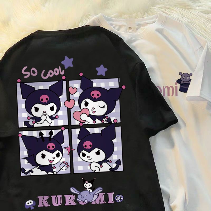 kuromi-เสื้อยืดแขนสั้นลําลอง-ผ้าฝ้ายแท้-พิมพ์ลายการ์ตูนคุโรมิ-เข้ากับทุกการแต่งกาย-สไตล์ญี่ปุ่น-สําหรับผู้ชาย-และผู้หญิง