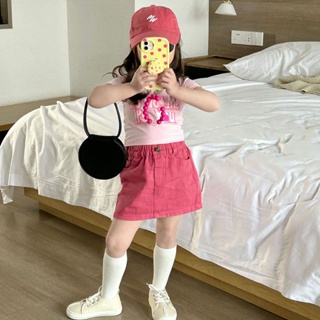 【ชุดเด็กผู้หญิง】เสื้อยืดแขนสั้น ผ้าฝ้ายแท้ สีชมพูตัดกัน แฟชั่นทันสมัย สไตล์เกาหลี สําหรับเด็กผู้หญิง