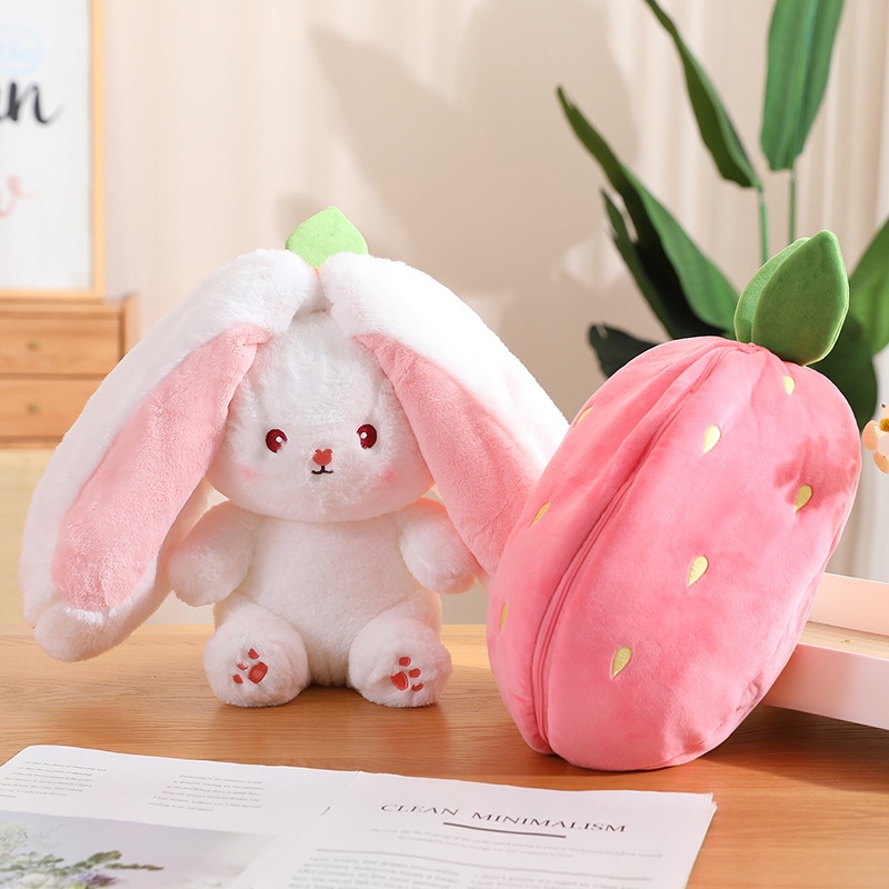 cod-35-25-18cm-ตุ๊กตากระต่าย-กำลังฮิตใน-หมอนอิง-2in1-ตุ๊กตากระต่ายน่ารักกลายเป็นสตรอเบอร์รี่และแครอท