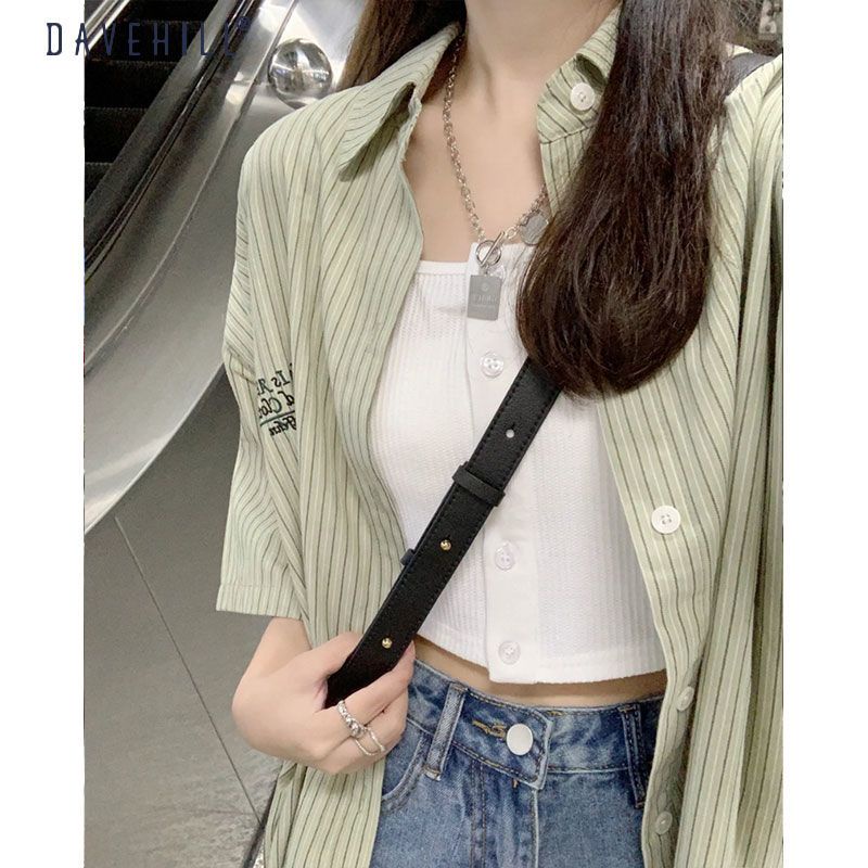 ของแท้-เสื้อโปโลแขนสั้น-คอปก-ปักลายตัวอักษร-ทรงหลวม-สีเขียว-สไตล์เกาหลี-สตรีท-สําหรับผู้หญิง