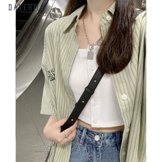 ของแท้ เสื้อโปโลแขนสั้น คอปก ปักลายตัวอักษร ทรงหลวม สีเขียว สไตล์เกาหลี สตรีท สําหรับผู้หญิง