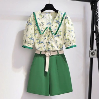 Large size womens dress small fresh broken flower shirt suit womens summer 2022 new foreign style aging shorts two sets