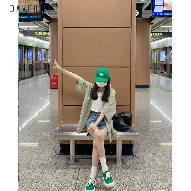 ของแท้-เสื้อโปโลแขนสั้น-คอปก-ปักลายตัวอักษร-ทรงหลวม-สีเขียว-สไตล์เกาหลี-สตรีท-สําหรับผู้หญิง
