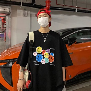Trendy Hong Kong Style Colorful Smiley Face Printed Short-Sleeved T-Shirt Men Women Youth Street Wear Simple All-Ma_01