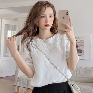 ✌∋❃2023 ฤดูร้อนใหม่ Double-Layer Pure Cotton เย็บปักถักร้อยเย็บลูกไม้เสื้อแขนสั้นรอบคอผู้หญิงด้านบนและระบายอากาศเสื้อขนา