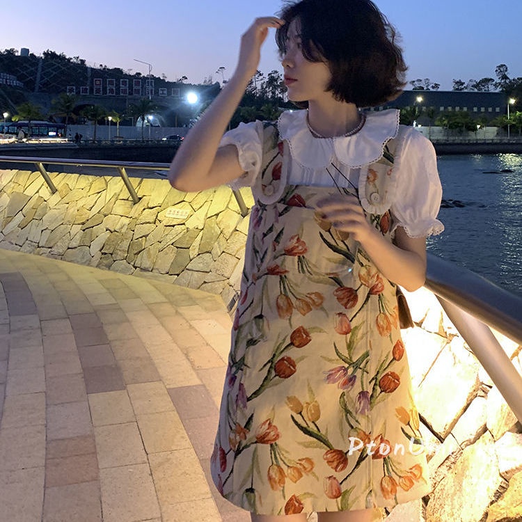 ชุดสายย้อนยุคฝรั่งเศสชุดสูทหญิงฤดูร้อนคอปกแขนพัฟเสื้อชุดสองชิ้น