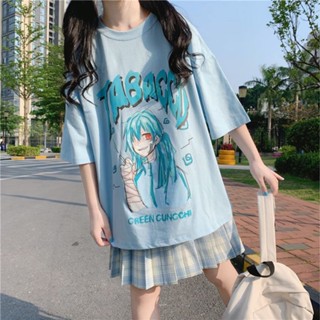 เสื้อยืดแขนสั้น แบบนิ่ม ทรงหลวม ลายการ์ตูนอนิเมะ สไตล์เกาหลี แฟชั่นฤดูร้อน สําหรับเด็กผู้หญิง