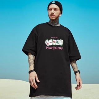 Couple Wear National Trendy Creative Mahjong Text Printed Round Neck Short-Sleeved T-Shirt Men Women Street Hong Ko_03