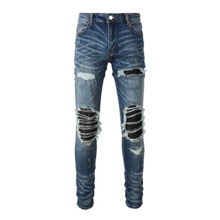 Amiri แฟชั่นใหม่ผู้ชายกางเกงยีนส์สีฟ้า Street Trend Hip Hop Elastic Slim Fit กางเกงยีนส์คุณภาพสูง