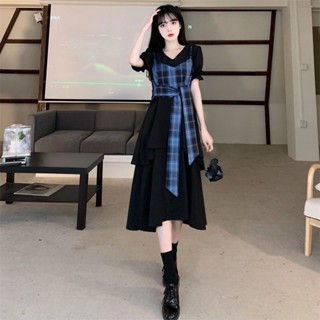 ชุดเดรสยาว แขนสั้น ทรงไม่สมมาตร สไตล์เกาหลี สองชิ้น แฟชั่นสําหรับผู้หญิง [M-3XL]