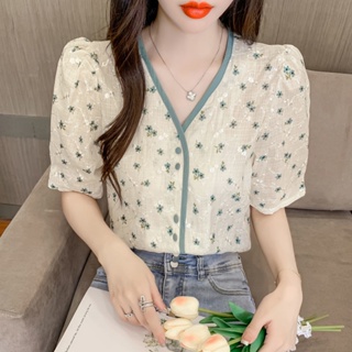 เสื้อเบลาส์ คอวี แขนพัฟ ลายดอกไม้ แฟชั่นสไตล์เกาหลี สําหรับผู้หญิง [S-XL]