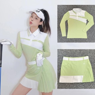 เสื้อกีฬากอล์ฟแขนยาว ป้องกันแดด แบบแห้งเร็ว สีคอนทราสต์ แฟชั่นฤดูใบไม้ผลิ และฤดูร้อน สําหรับผู้หญิง