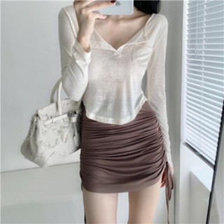 พร้อมส่ง เสื้อยืดแขนยาวลําลอง แบบบาง เข้ารูป เข้ากับทุกการแต่งกาย แฟชั่นฤดูใบไม้ผลิ และฤดูใบไม้ร่วง สไตล์เรโทร สําหรับผู้หญิง 2023