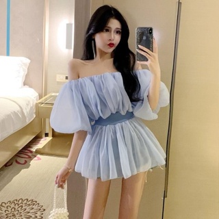 Fashionable lantern sleeve shirt the new summer style 2023 waist shows thin and sexy shoulder net blouse