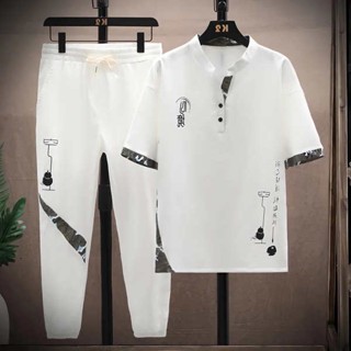 แฟชั่นสําหรับผู้ชาย เสื้อ+กางเกงขาสั้น ไซส์ใหญ่พิเศษ ทรงหลวม พลัสไซซ์ ชุดเซต 2 ชิ้น ชุดสูทลําลองผู้ชายฤดูร้อนพร้อมชุดผ้าไหมน้ําแข็งสไตล์จีนผู้ชายฤดูร้อนบวกขนาดหลวมชุดสองชิ้น