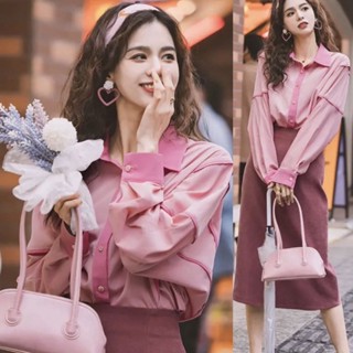 เสื้อเชิ้ตแขนยาวลําลอง ทรงหลวม สีชมพู แฟชั่นวินเทจ สไตล์เกาหลี สําหรับผู้หญิง [S-XL]