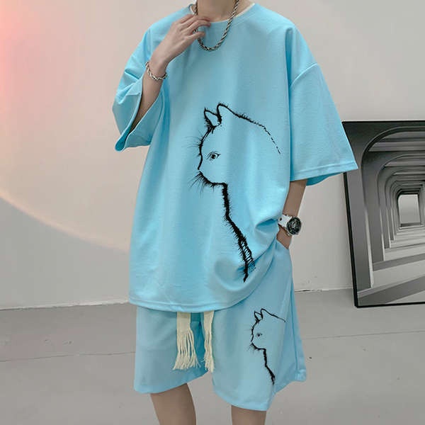 แฟชั่นสําหรับผู้ชาย-เสื้อ-กางเกงขาสั้น-ไซส์ใหญ่พิเศษ-ทรงหลวม-พลัสไซซ์-ชุดเซต-2-ชิ้น-วาฟเฟิลแขนสั้นเด็กผู้ชายเย็นหล่อชุดฤดูร้อนลําลองกีฬา-5-จุดกางเกงขาสั้นแนวโน้มขนาดใหญ่เสื้อยืดผู้ชาย