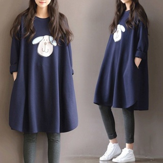 【Dress Oversized】(40-150kg) ชุดมินิเดรส แขนยาว พิมพ์ลาย แฟชั่นเกาหลี ทรงหลวม สําหรับผู้หญิงตั้งครรภ์ เหนือเข่า