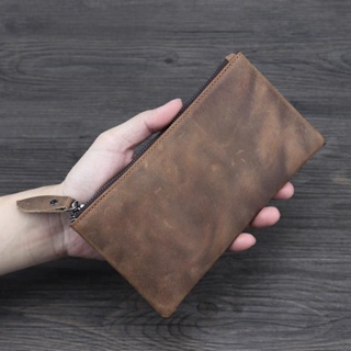 Crazy Horse Leather Handmade Simple Men s Wallet Long Grab Bag Top Layer Cowhide Ultra-thin Wallet Retro กระเป๋าถือหนังแ