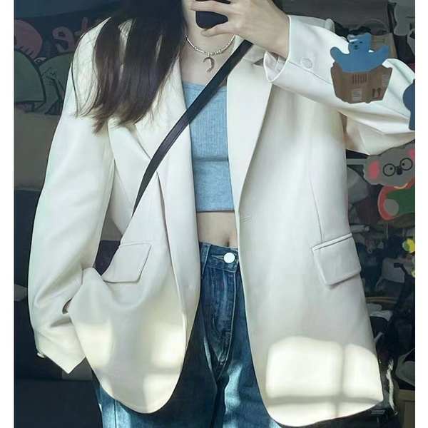 เบลเซอร์สาวอวบ-สูทเบลเซอร์ผู้หญิง-2023ใหม่เสื้อสูทผู้หญิงสไตล์เกาหลีหลวมสีเบจสูทแฟชั่นลำลองเรียบง่ายแมทช์ลุคง่าย