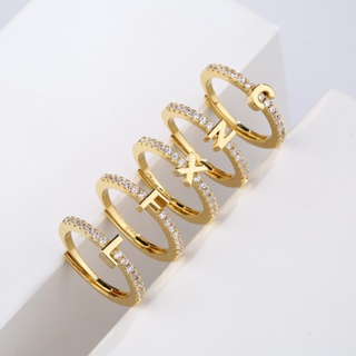 Kroean แหวนแฟชั่น ประดับเพชรเทียม รูปตัวอักษร 26 ตัว สีทอง ปรับได้ ของขวัญ สําหรับผู้หญิง