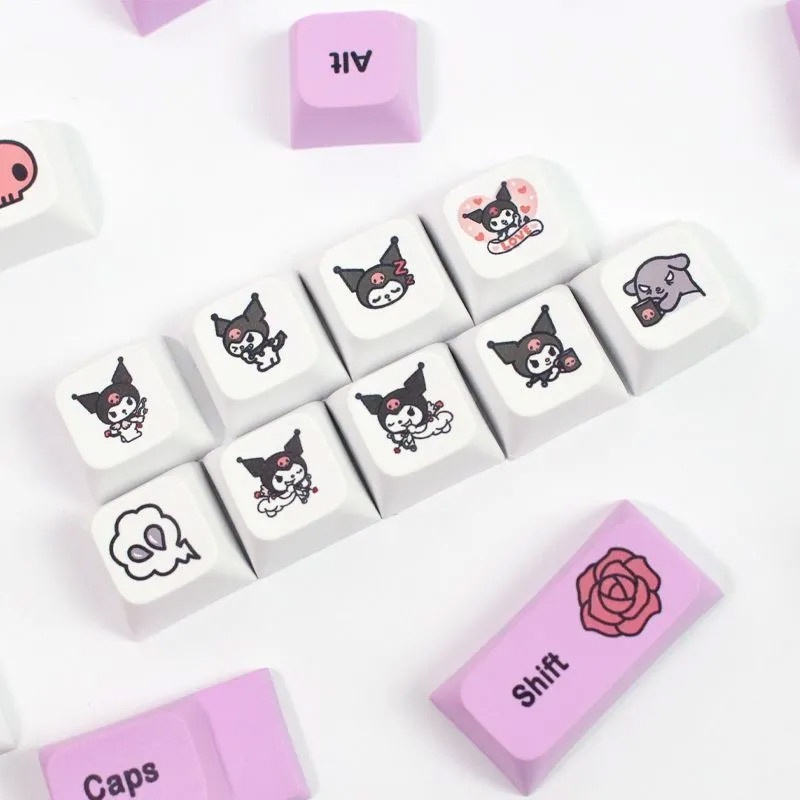 ปุ่มกดคีย์บอร์ด-131-คีย์-ลาย-sanrio-kuromi-cinnamoroll-pbt-ธีมคอร์กี้-สีม่วง-สีมาการอง-xda-profile-61-87-96-98-104-108