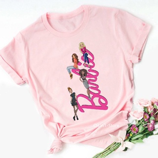 เสื้อยืดแขนสั้นลําลอง พิมพ์ลายกราฟฟิคตัวอักษร Barbie แฟชั่นฤดูร้อน สีชมพู สําหรับผู้หญิง
