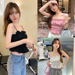 เสื้อครอปท็อป สายสปาเก็ตตี้ เข้ารูป แบบเรียบ พับได้ สําหรับผู้หญิง
