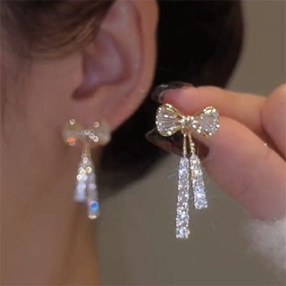 Korean S925 Silver Needle Golden Bow Crystal Zircon Rhinestone Earrings Sweet Girl Bow Tassel Earrings Women Fashion Accessories Jewelry Long Earrings