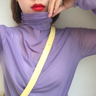 เสื้อยืดแขนยาว คอเต่า ผ้าตาข่ายซีทรู เซ็กซี่ สไตล์เกาหลี มีสีดํา สีขาว สีชมพู สีม่วง สําหรับผู้หญิง