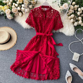 French retro style socialite temperament dress dress heart machine hollowed-out lace short-sleeved dress womens summer dress