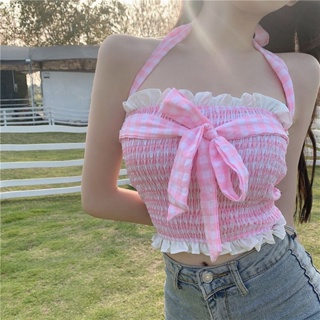 ฮาราจูกุ Kawaii Bustier เสื้อกล้าม ผู้หญิง ลายสก๊อต กราฟฟิค ลูกไม้ รัดตัว เสื้อลําลอง อินดี้ สุนทรียภาพ ทางเลือก เสื้อผ้าแฟชั่นเกาหลี