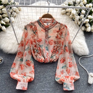 French sweet printed chiffon shirt spring design chic lotus leaf edge lantern sleeve blouse