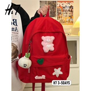 H7 กระเป๋าเป้สะพายหลัง ลายหมีน่ารัก สีแดง เข้ากับทุกการแต่งกาย สไตล์ญี่ปุ่น สําหรับผู้หญิง นักเรียนมัธยมต้น