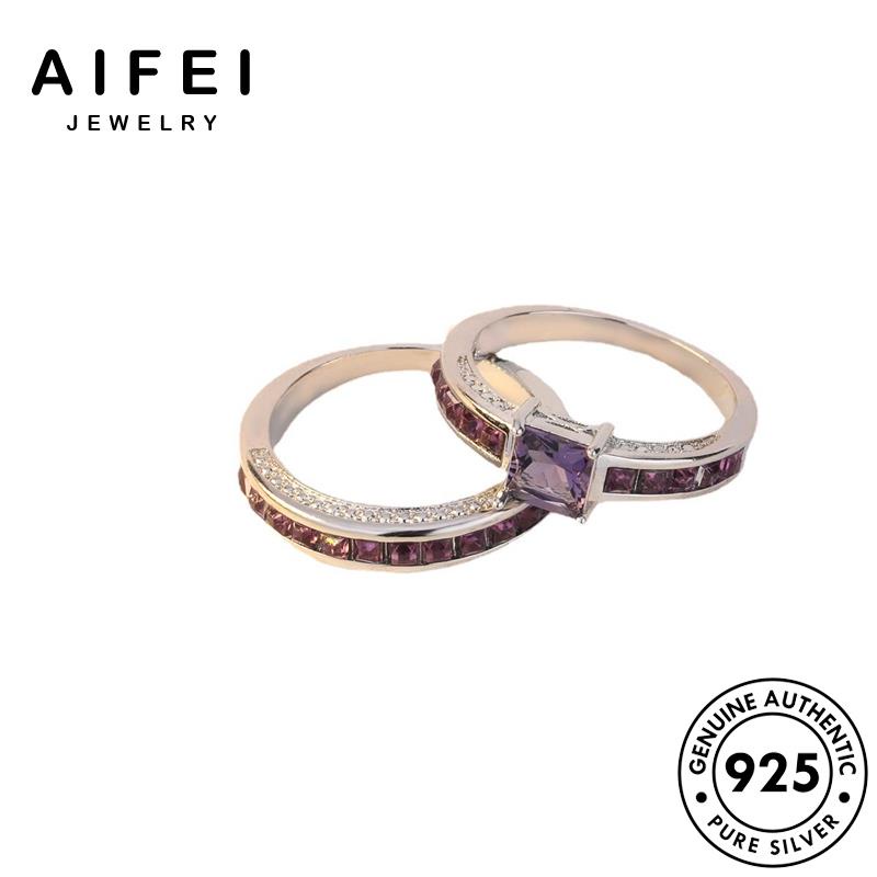 aifei-jewelry-เงิน-ต้นฉบับ-เครื่องประดับ-แฟชั่น-ตารางง่ายๆ-925-แท้-คู่รัก-พลอยสีม่วง-แหวน-เกาหลี-silver-เครื่องประดับ-r901