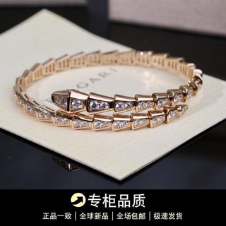 Bvlgari สร้อยข้อมือเงินแท้ ชุบงู ประดับเพชร สีโรสโกลด์ หรูหรา