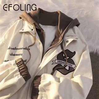 เสื้อแจ็กเก็ตเบสบอล มีฮู้ด แต่งซิป ทรงหลวม ลายโลโก้ Efolong American street off two-Piece แฟชั่นฤดูใบไม้ร่วง สไตล์เรโทร สําหรับผู้หญิง 8.2