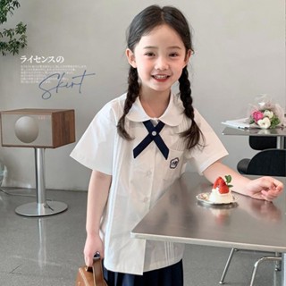 ชุดเสื้อเชิ้ตแขนสั้น กระโปรงพลีท สีฟ้ากรมท่า สําหรับเด็กผู้หญิง
