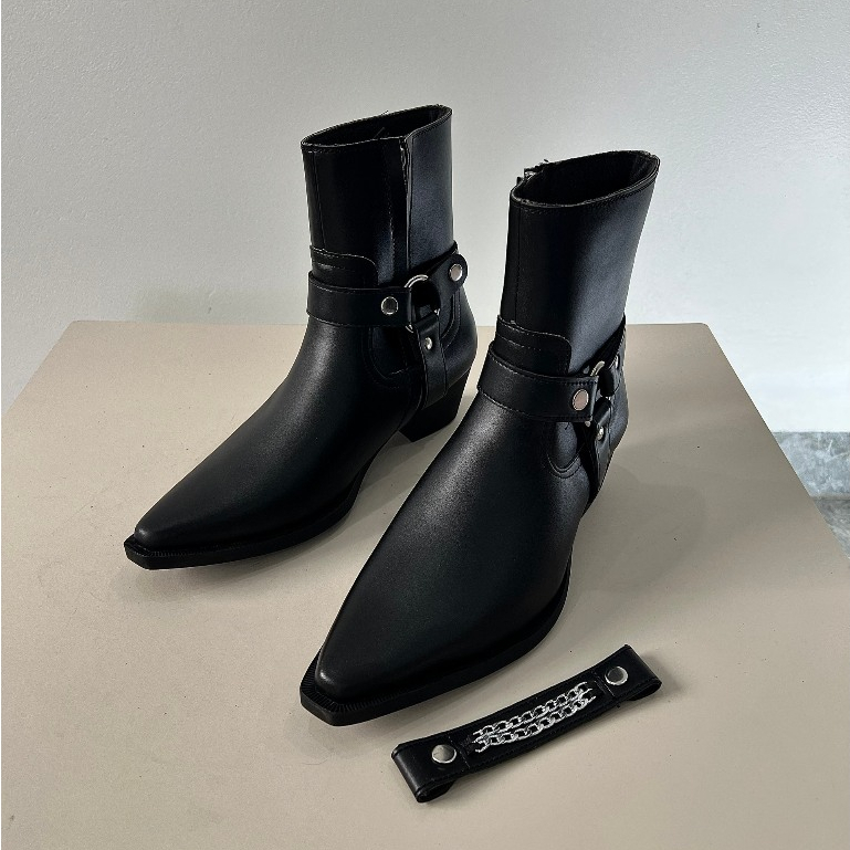 (พร้อมสายโซ่) Harness Boots Pointed Toe Square Heels 5 ซม. สําหรับ ...