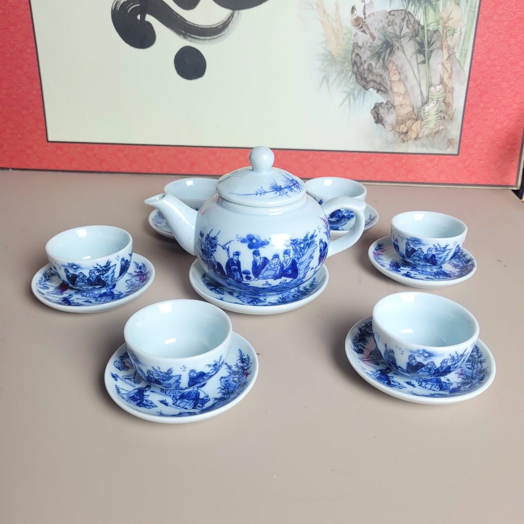 Bat Trang Truc Lam That Hien Tea Cup Set พร้อมเคลือบสีเขียวมือทาสี ...