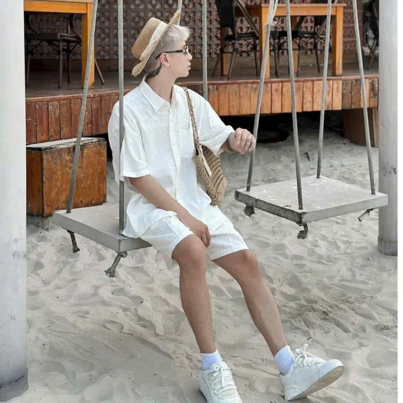 Halley J49 เสื้อเชิ้ตชายหาดผู้ชายเกาหลีแขนหลวม Turn-down Collar ...