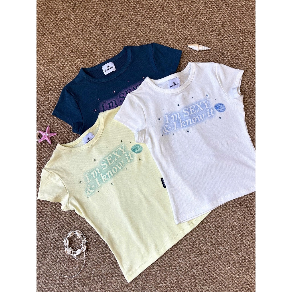 TWENTI Baby Tee Shirt Rip Elastic พร้อมหินหลากสี | Shopee Thailand