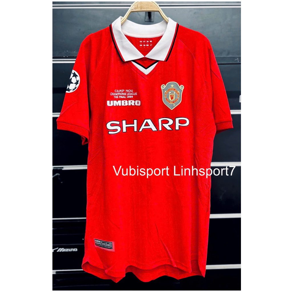 MU Sharp Retro 1999 Beckham 7 เสื้อฟุตบอลเสื้อคอปกสีแดง | Shopee Thailand